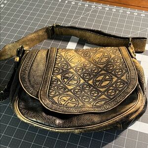 Francesco Biasia Embossed Gold and Black Leather Purse